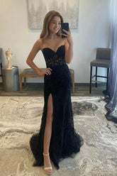 Lace Mermaid Sweetheart Long Prom Dresses With Slit, Party Dresses